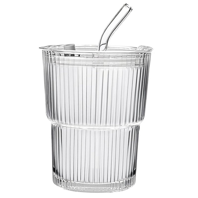 ALYBIT 13oz/400ML Glass Tumbler with Straw and Lid Ribbed Vertical Ice Coffee Cups Sealed Carry on for Coffee Iced Tea, Thick Wall Glassware Tumbler Water Glass (Clear 1pc)