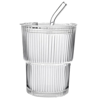 ALYBIT 13oz/400ML Glass Tumbler with Straw and Lid Ribbed Vertical Ice Coffee Cups Sealed Carry on for Coffee Iced Tea, Thick Wall Glassware Tumbler Water Glass (Clear 1pc)