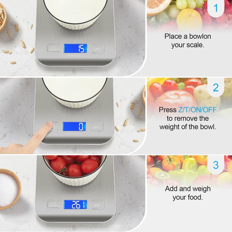 WIWUE GUO Food Scale, Kitchen Scale, Weight Scale Grams and Ounces for Weight Loss, Baking, Cooking, Keto and Meal Prep, LCD Display, 304 Stainless Steel