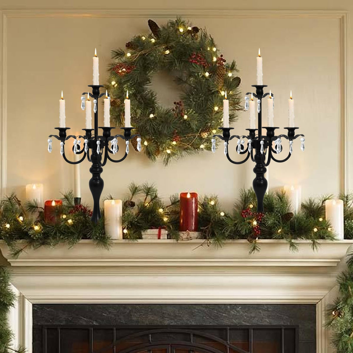 5 Arm Black Candelabra Centerpiece for Table, 20.3” Tall Metal Candlestick Candle Holder for Taper Candles, Gothic centerpieces for Tables, Wedding, Party, Reception (Black, 2pcs)