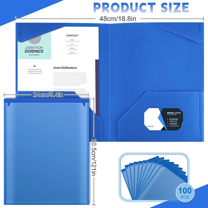 Henoyso 100 Pcs Plastic Folders with Clear Front Pockets Bulk Heavy Duty File Folders with 2 Pockets and Card Slot for Student Teacher Back to School Supplies Office Presentation (Blue)