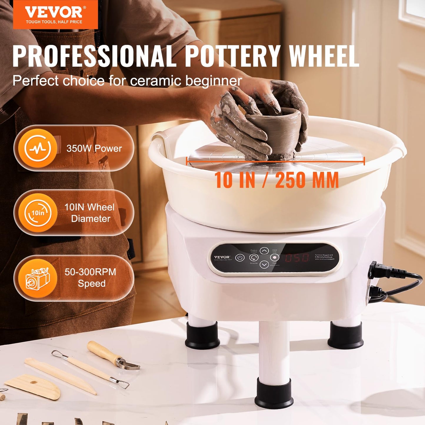 VEVOR Pottery Wheel Direct Drive 350W, 10 inch Ceramic Forming Machine with LCD Touch Screen Foot Pedal 50-300RPM Adjustable Speed, 18PCS Accessory Tools Kit for Adults Beginners, Craft Gift, White