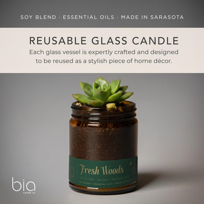 Bia Candle Co. Fresh Woods Green, Pine Balsam Spruce Cedar Soy Candle, High Fragrance Load, Lead-Free Wick, Reusable Glass Jar, Evergreen Candle, Woodland Scent, 7 oz