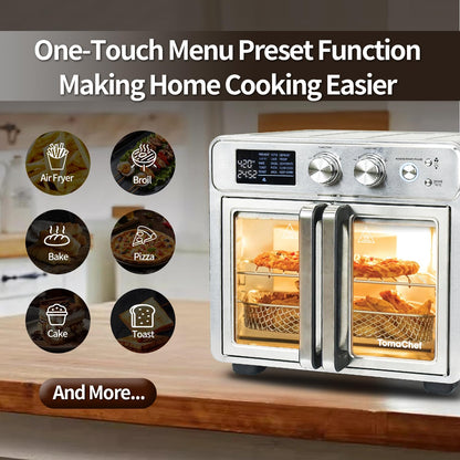 TomaChef 26QT French Door Air Fryer Toaster Oven Combo, 15 Cooking Functions including Rotisserie, and Digital Controls, 30 Recipes & 5 Accessories, Stainless Steel Finish