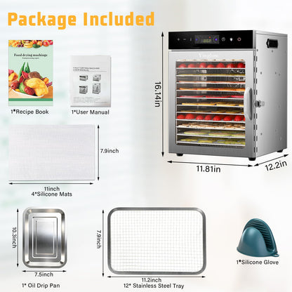 Food Dehydrator Machine with 12 Stainless Steel Trays, 800W Dual-Fan Dehydrator for Home, 24H Timer, 86-194℉ Temperature Control, LED Digital Dispiay for Jerky, Fruit, Vegetable, Herbs, and Dog Treats