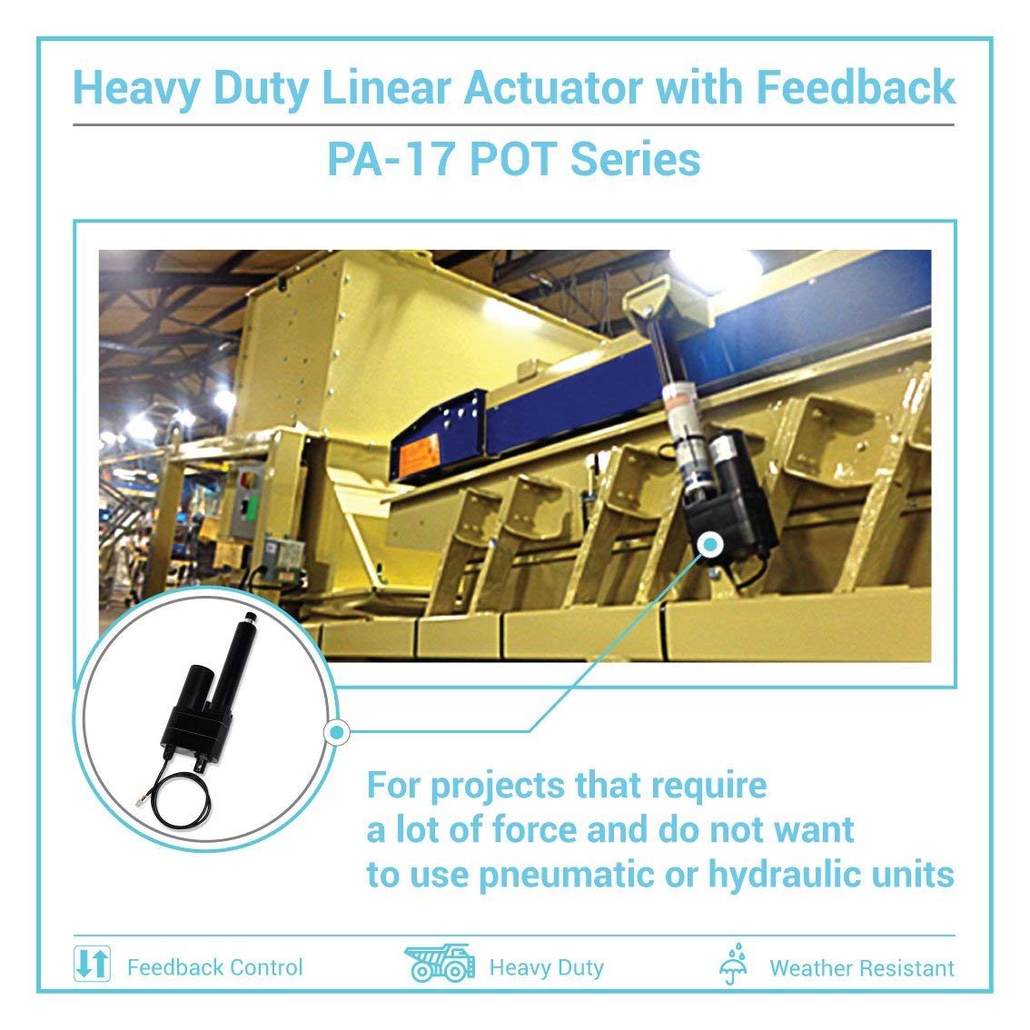 Progressive Automations 12V High Force Industrial Linear Actuator - 18 Inches Stroke, 2000 lbs Force, Positional Feedback, Built-in Potentiometer, Heavy Duty, IP65 Protection