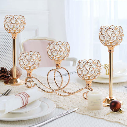 kolnlala Gold 5 Arm Metal Crystal Tea Light Candle Holder, Elegant Wedding Table Centerpiece, Christmas Wishing Bowl Candle Holder