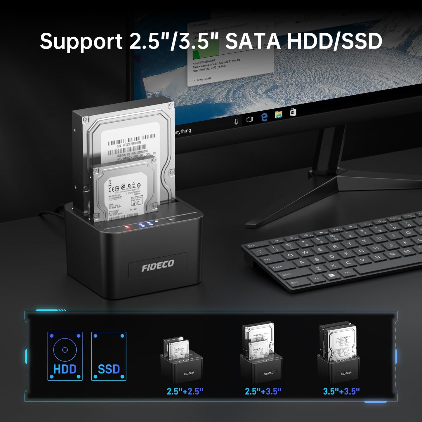 FIDECO External Hard Drive Docking Station, Hard Drive Dock for 2.5 and 3.5 inch SATA HDD SSD, HDD Docking Station with Dual Bay, USB 3.0 Hard Drive Reader, Support Offline Clone and UASP