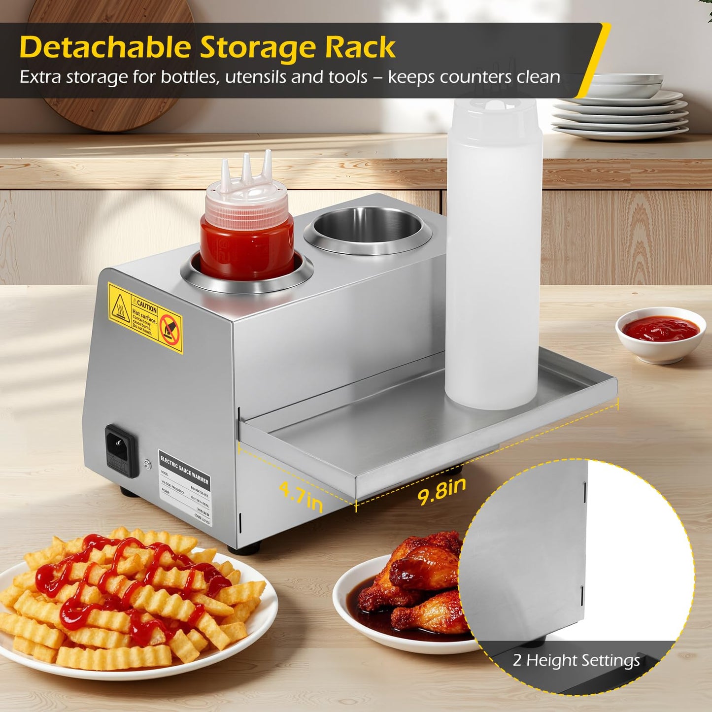 Dyna-Living Electric Sauce Warmer - 500W Nacho Cheese Warmer Dispenser with Removable Storage Rack, Commercial Sauce Bottle Warmers for Hot Fudge Ketchup Chocolate Cheese with 650ml Squeeze Bottle*2