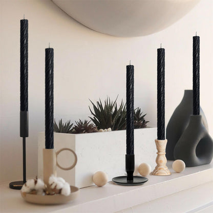 Dripless Twisted Long Taper Candles Black Unscented Ribbed Candle Sticks 10 Inch Smokeless Dinner Candlesticks Long Burning for Party Art Home Decor 6 Pcs