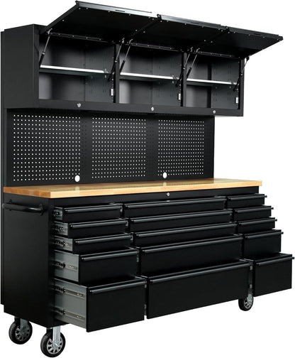 MERXENG 72-inch Rolling Tool Chest Cabinet Garage Workbench with 15 Storage Drawers and Wheels, 3 Upper Cabinet, Pegboard, Steel Large Tool Box for Garage Workshop, Matte Black