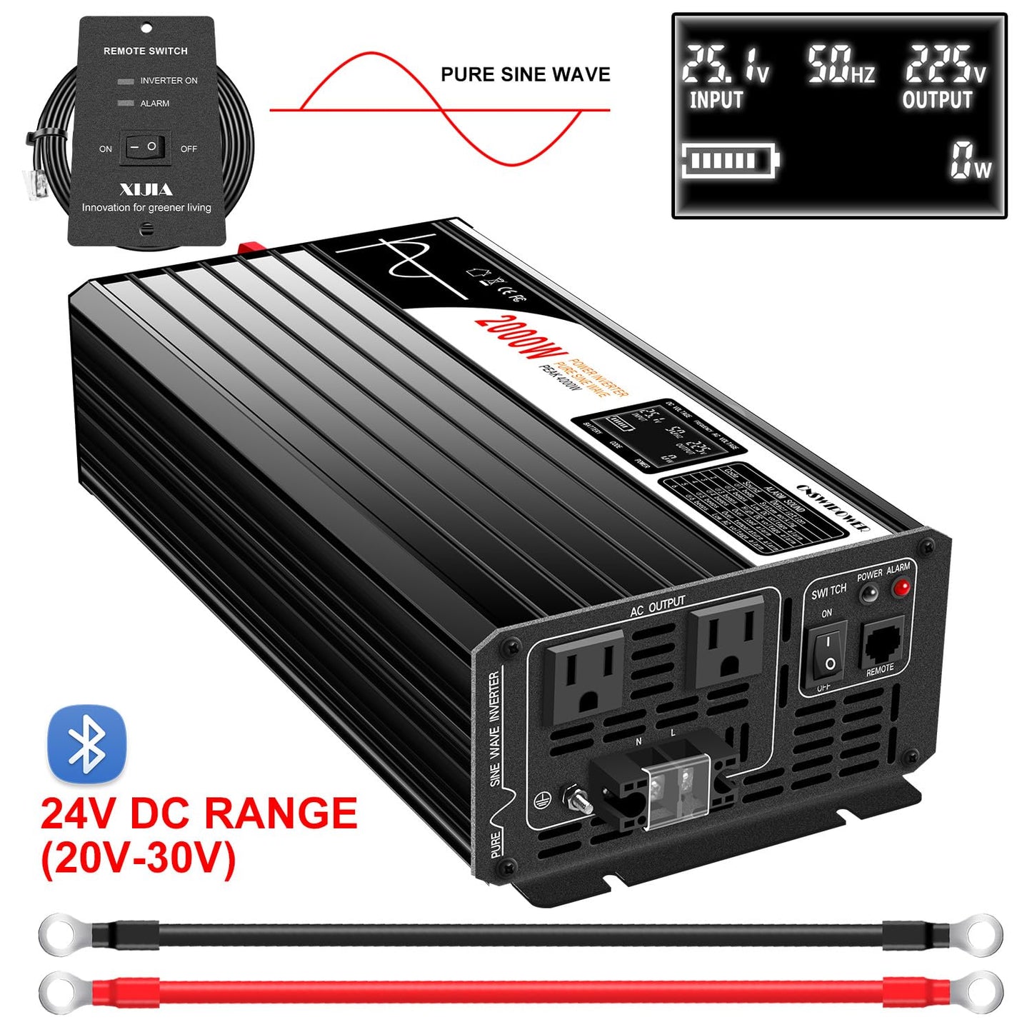 Xijia 2000W Pure Sine Wave Inverter，24V to 120V AC Converter for Home，Solar Systems，Remote and Bluetooth Control for Truck，Camping，with 2 20A AC Socket，Surge Power 4000W
