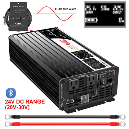 Xijia 2000W Pure Sine Wave Inverter，24V to 120V AC Converter for Home，Solar Systems，Remote and Bluetooth Control for Truck，Camping，with 2 20A AC Socket，Surge Power 4000W