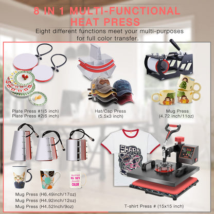 OIIEE Heat Press Machine 8 in 1 Combo Heat Press 15 x 15 Inch Heat Transfer Machine 360-Degree Swing Away Digital Shirt Printing Multifunction Heat Transfer Sublimation for T Shirts Mugs Hat Plate Cap