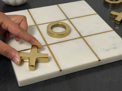 Marble Tic Tac Toe Game 8x8 Premium Handcrafted Natural Marble Board Game Modern Coffee Table and Home Decor Perfect for Living Room Unique Gift Decorative Board Game Set White and Gold XO