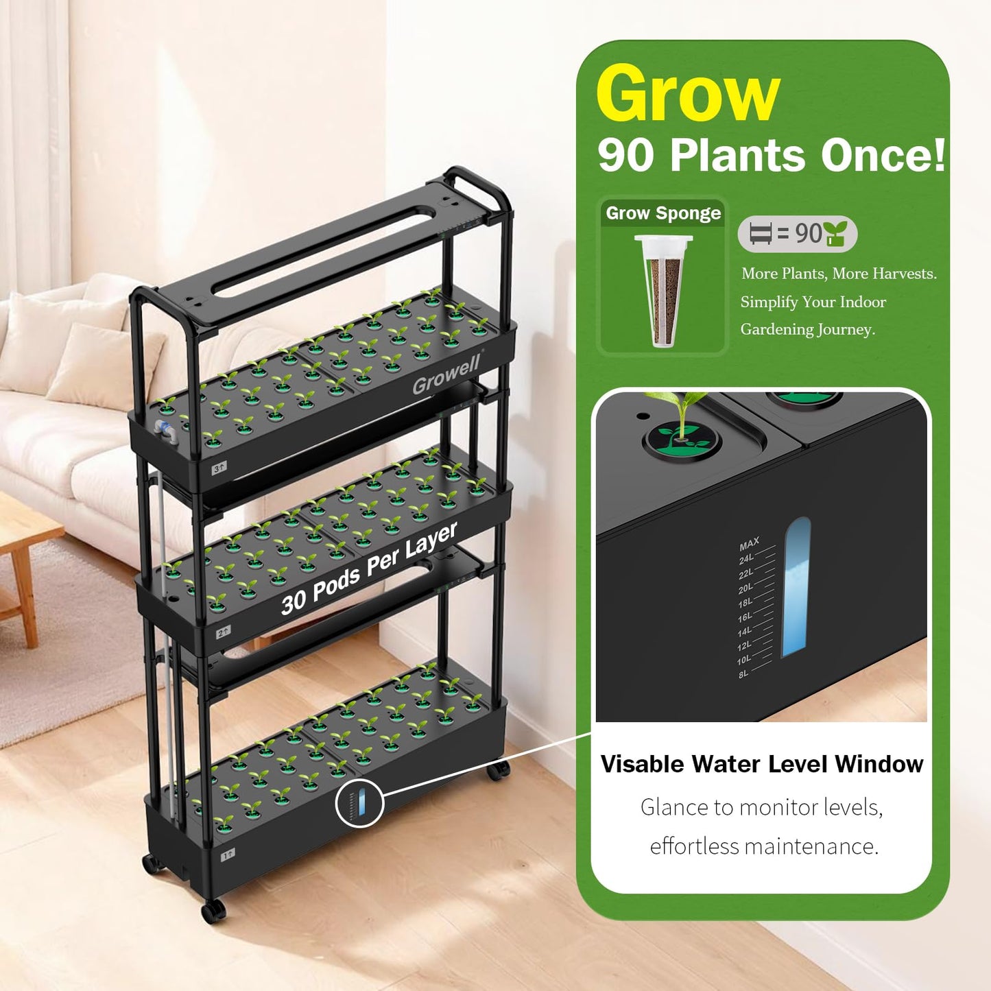 Growell Large Hydroponics Growing System Kit, 90 Pods Vertical Indoor Herb Garden Kit with 2 Light Modes & Auto Circulating Water System, 40L Movable Indoor Gardening System for Herb Vegetable Fruit