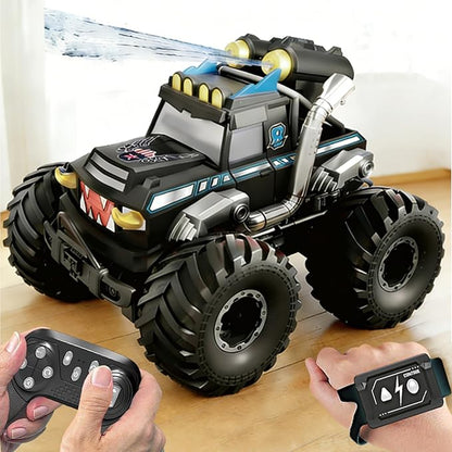Dual Remote Control RC Car with Magic Gesture Wristband &amp 40+ Min Play 1:18 Fully Submersible Waterproof All Terrain 4WD Monster Truck Amphibious Toy Crawler Gift for Boys Girls Ages 6-12-Black