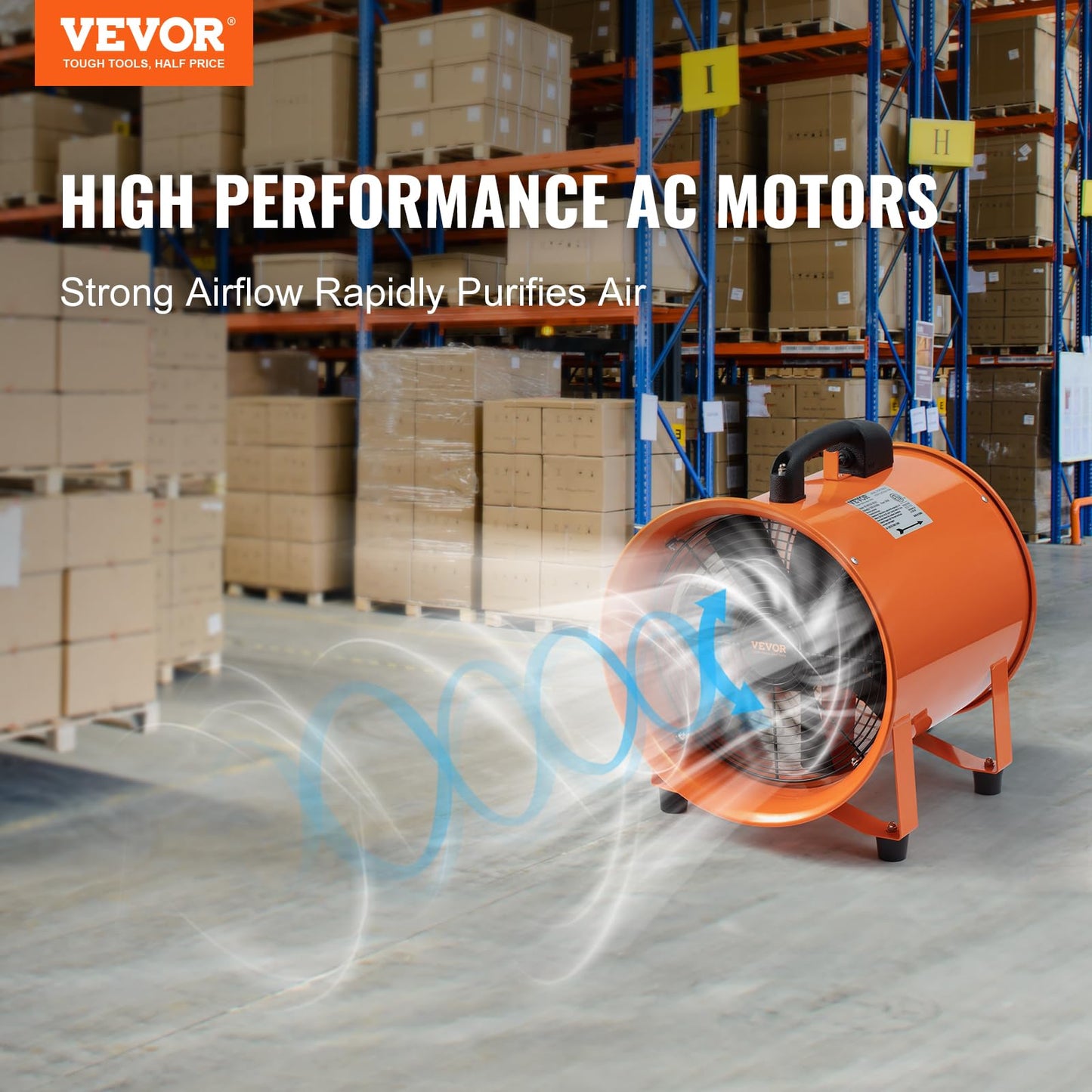 VEVOR Air Mover Blower Fan 8 Inch, 1070CFM 195W with 33ft Flexible Duct, Industrial Portable Ventilator Blower/Exhaust, Orange