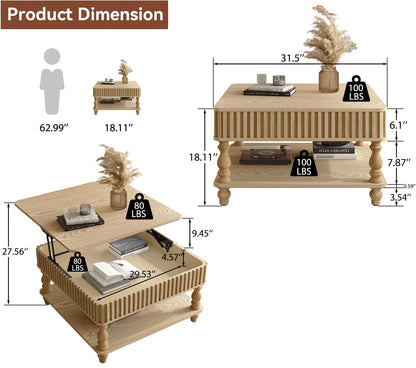 Harr Lift Top Square Coffee Table with Storage, 31.5'' Sofa Side End Table, Fluted Design Hydraulic Raising Mechanism, Hidden Compartment & Open Shelf, Retro Solid Wood Legs for Living Room, Natural