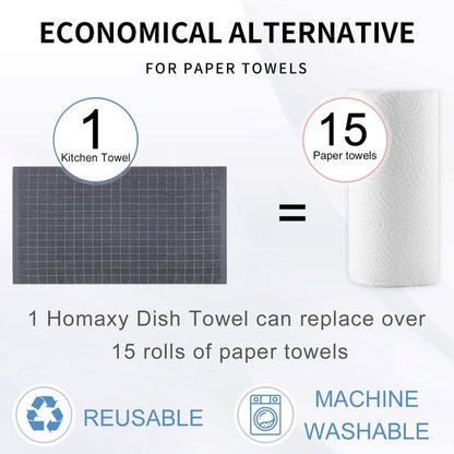 Homaxy 100% Cotton Terry Kitchen Towels(Dark Grey, 20 x 28 inches), Checkered Designed, Soft and Super Absorbent Dish Towels, Large 4 Pack