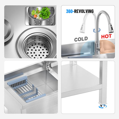 Double Bowl Kitchen Sinks Set w/Hot and Cold Faucet,Stainless Steel Utility Sink for Kitchen and Bathroom Farmhouse Style