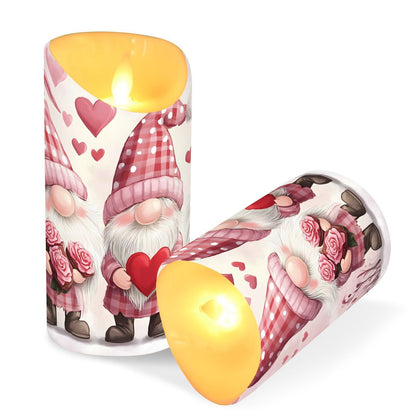 Valentines Day Gnome Pink Rose Flowers Hearts Flameless Candles with Remote Timer,LED Flickering Battery Operated Electric Pillar Tea Light Candles for Wedding Table Christmas Decorations 3" x5.9"