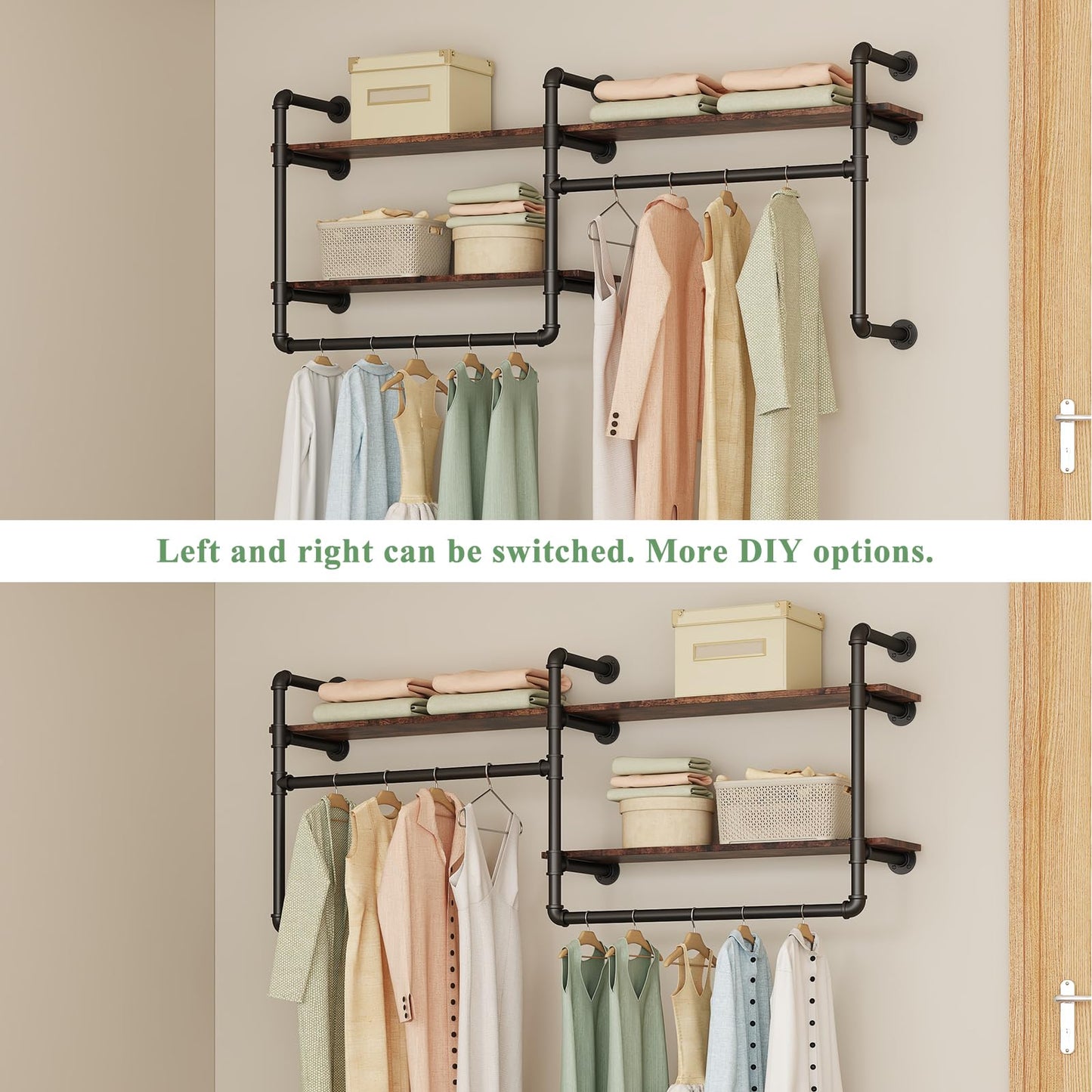 EDCB Industrial Pipe Clothing Rack Wall Mounted - Heavy Duty 2-Tier Closet Organizer with Wood Shelves & Dual Hanging Rods for Bedroom/Retail Store