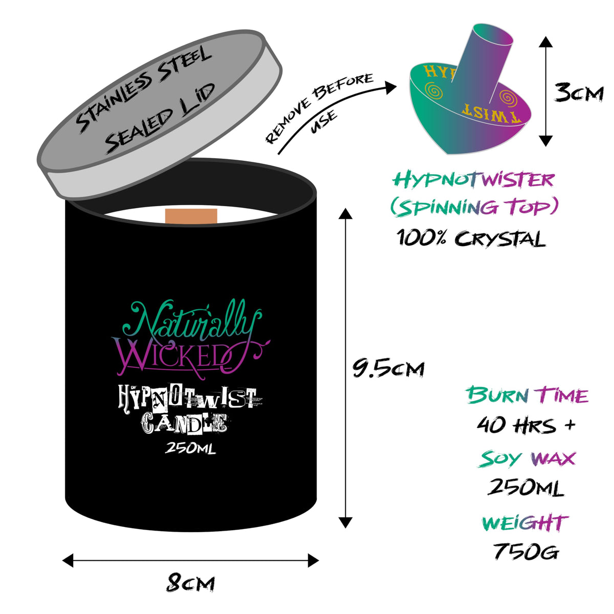 Naturally Wicked Hypnotwist Achieve Candle | Hypnotic Crystal Spell Candle | Inc Crystal Spinning Top