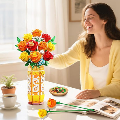 Flower Bouquet Building Set with Vase &amp LED Light Yellow Orange and Red Roses 3.6MM Mini Building Blocks Gifts for Women/Girlfriend/Wife Small Fake Flowers for Home Office Decor
