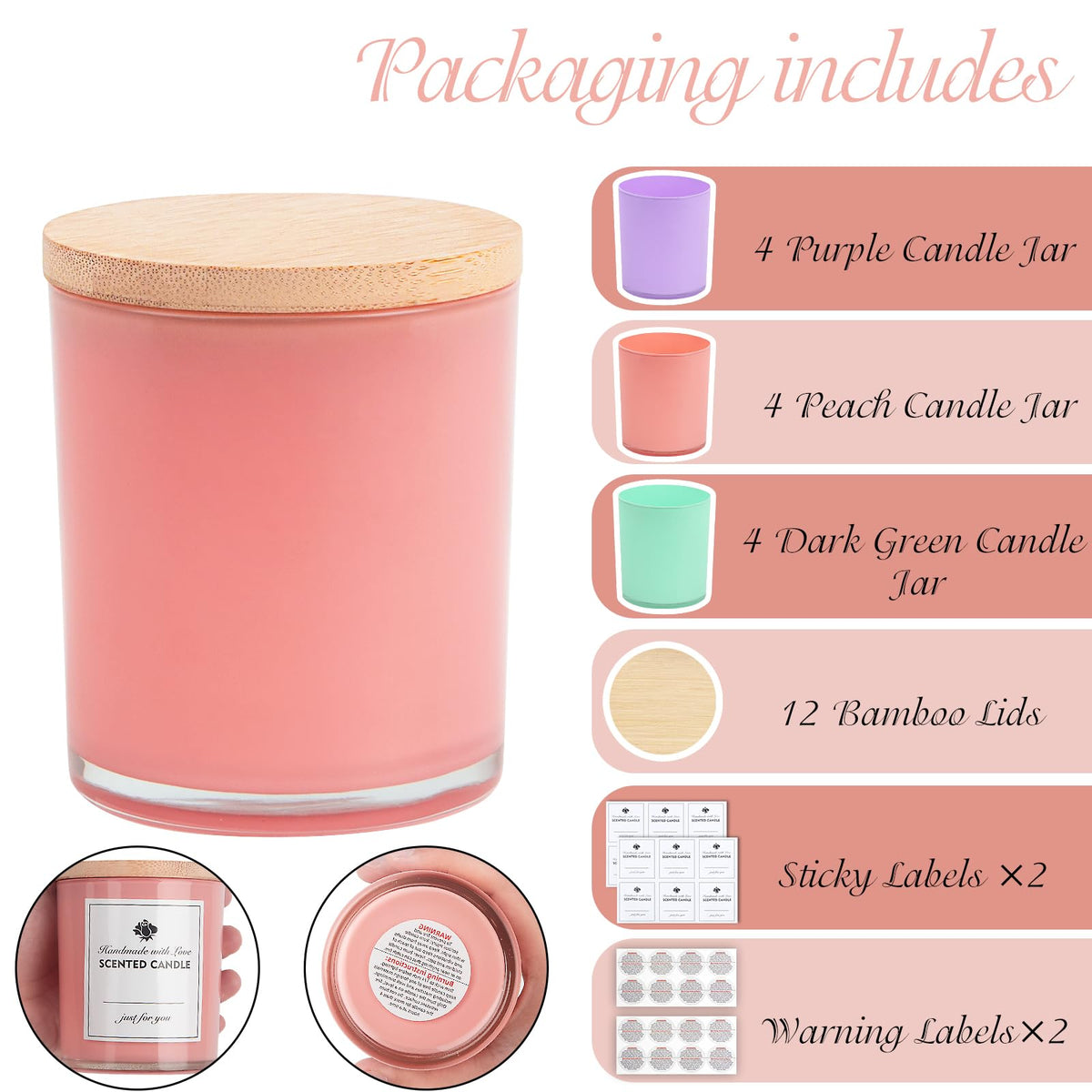 CONNOO 12 Pack 10 OZ Colorful Glass Candle Jars for Making Candles with Airtight Bamboo Lids Nice Sticky Warning Labels for Candle Making Empty Container Bulk - Dishwasher Safe