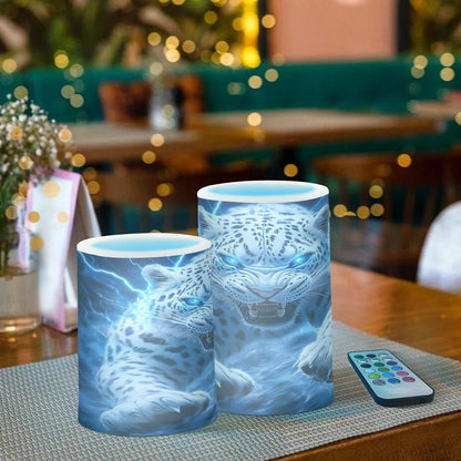 ALAZA Leopard Blue Fantasy Flickering Flameless Candles Pillar Led Candles Battery Operated Candles with Remote and Timers Set of 2