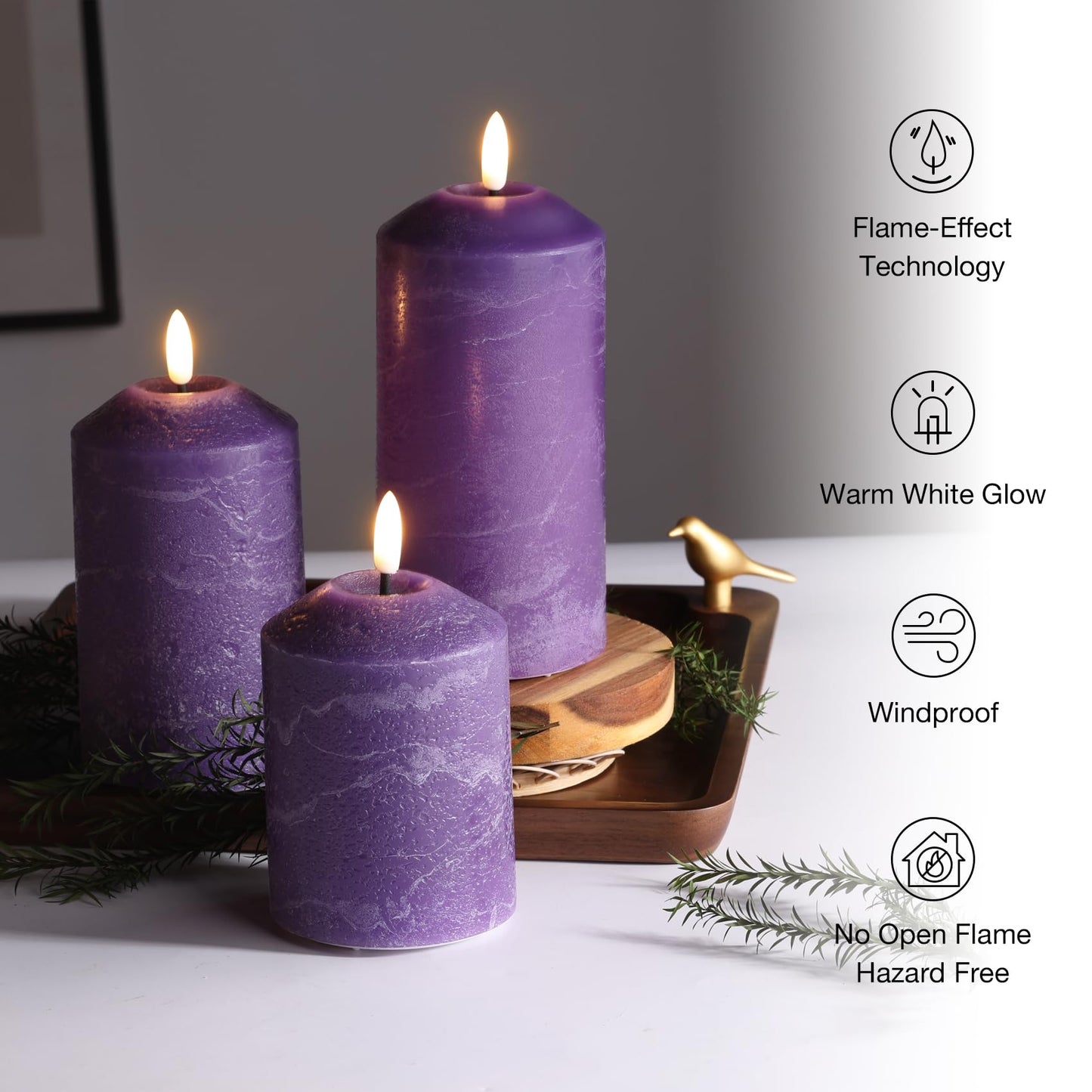 Eywamage Purple Flameless Pillar Candles with Remote, Christmas LED Candles Battery Operated Flickering Real Wax Set of 3