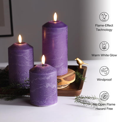 Eywamage Purple Flameless Pillar Candles with Remote, Christmas LED Candles Battery Operated Flickering Real Wax Set of 3