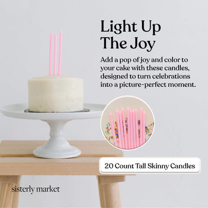 Sisterly Market 20 Count Tall Skinny Pink Solid Birthday Cake Candles for Birthday Wedding Party Cakes Decorations