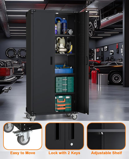 Garvee 72 in Tall Garage Storage Cabinet – 600 LB Capacity Metal Tool Cabinet with Magnetic Lock, 4 Adjustable Shelves & Wheels, Heavy-Duty Steel Storage for Workshop, Home & Office