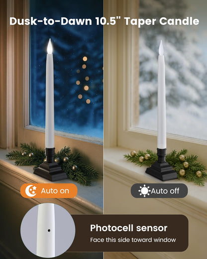 SURAIELEC 10.5'' Battery Window Candles with Dusk-to-Dawn, Christmas Taper Window Candle, 5000K Clear White LED Candle, 1.7‘’ Narrow Base, Matte Black, 4 Pack (Rechargeable Battery Not Compatible)