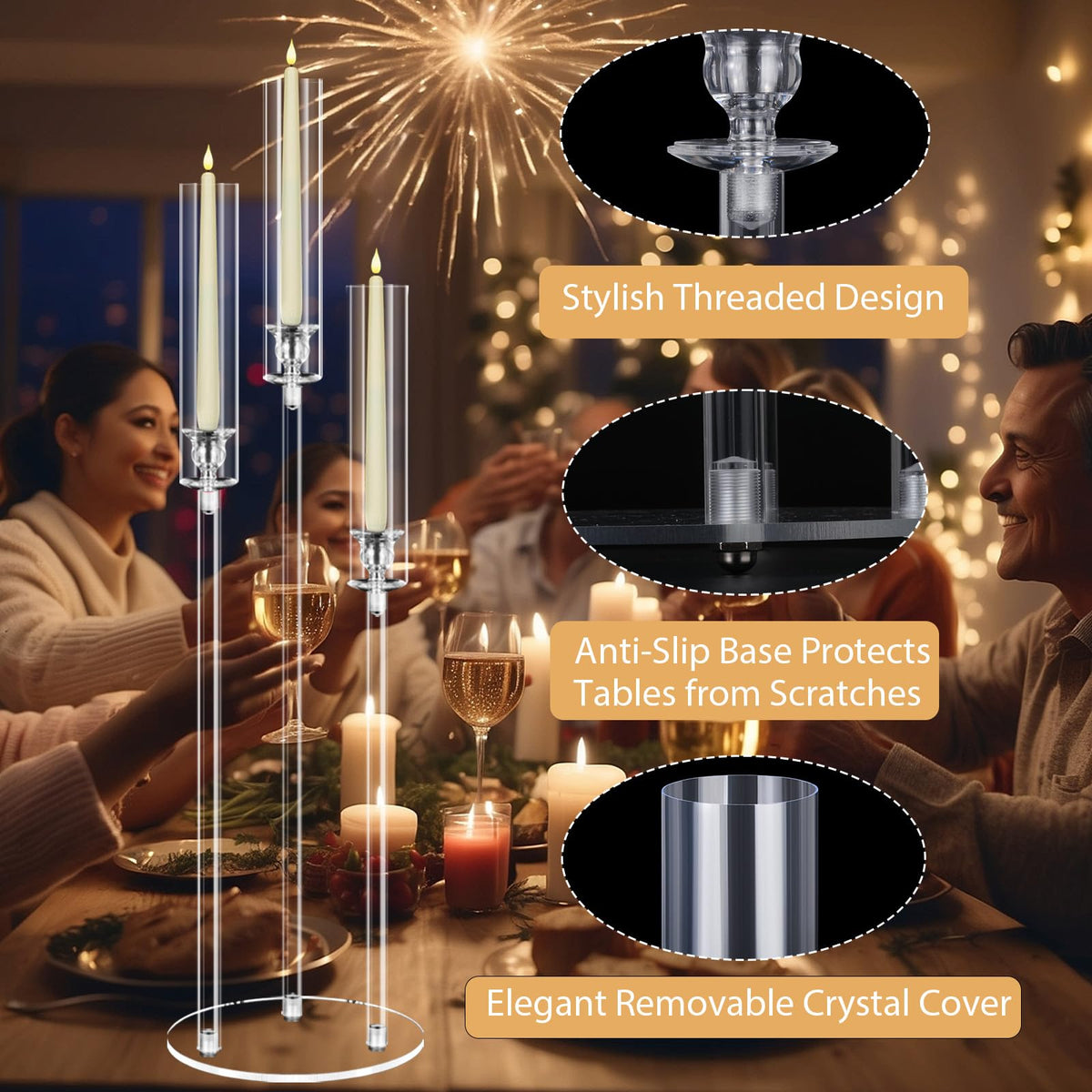 6 Set 3 Arms Acrylic Candelabras with Shades,31" Candelabra Centerpieces for Wedding Decorations,Clear Candle Holder for Table Decoration,Dinner Party,Candlesticks Holder Fits 0.87“LED Candle