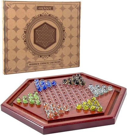 AMEROUS 13.6 inches Wooden Chinese Checkers Board Game Set with 60 Colorful Glass Marbles Classic Strategy Game for Kids Adults Whole Family Play (Up to Six Players)