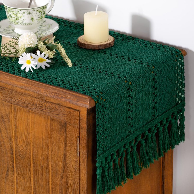 Socomi Boho Table Runner Macrame Long Summer Farmhouse Woven Cotton Linen Rustic Coffee Table Runner with Tassels for Dresser Scarf Home Decor Dining Room 12x108 inch Emerald Green