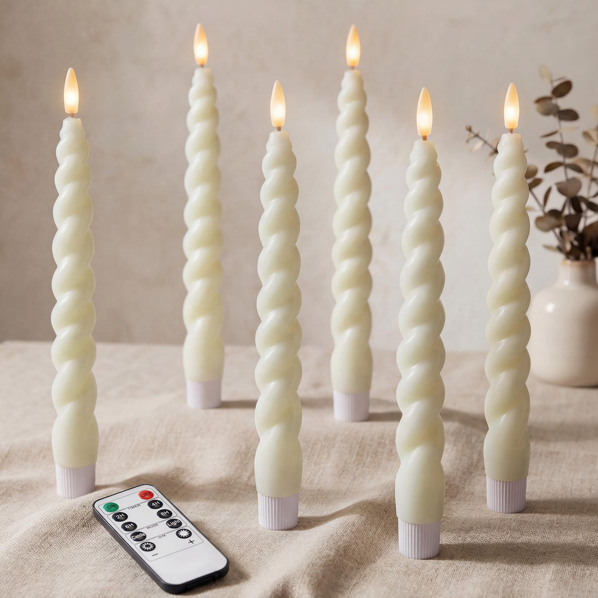 West Ivory Full Twisted Spiral Flameless LED Taper Candles – Ivory, Set of 6 – 2/4/6/8-Hr Timer (24-Hr Memory), Remote, Dimmable, Bottom On/Off Button, Flicker/Steady, Battery Operated