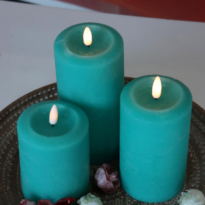 CANDLE CHOICE Real Wax Battery Operated Flameless Candles with Remote Automatic Timer Realistic Flickering Electric LED Pillars Wedding Party Holiday Decorations 3 Pack Rustic Texture Peacock Blue