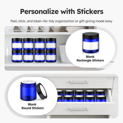 4 oz Glass Jars with Lids, 24 Pack Blue Small Glass Jars with Black Lids Leakproof Round Airtight Empty Cosmetic Travel Containers with Inner Liners For Lotions Powders and Candle Making