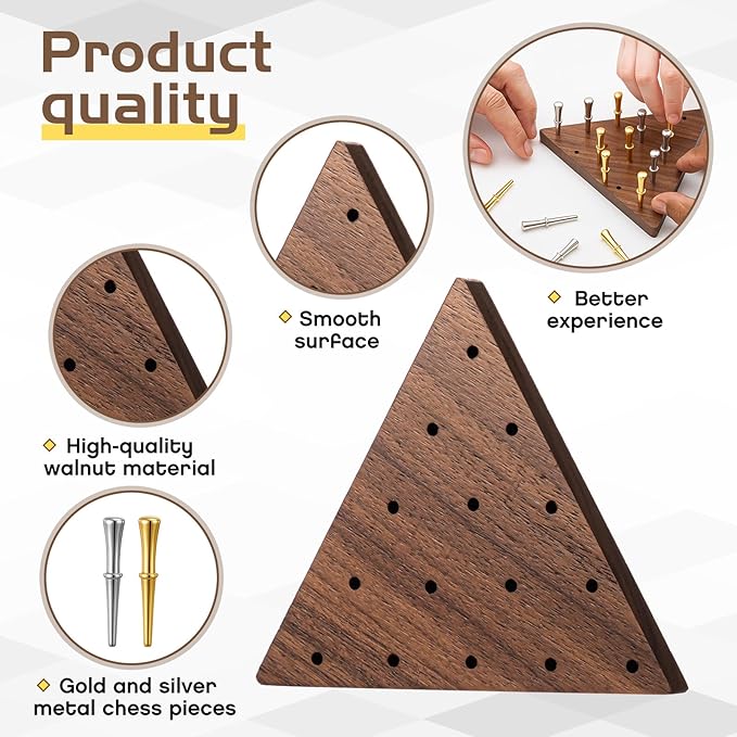 Estune 2 Set 4.3 Inch Walnut Wooden Triangle Peg Game Portable Board with Storage Bag Classical Peg Triangular Game for Adults Family Friends Home Winter Holiday Christmas Party