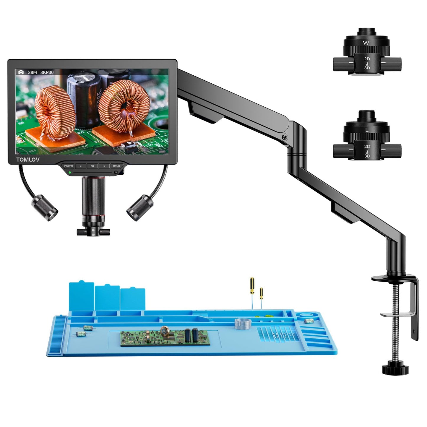 TOMLOV 3D Digital Soldering Microscope: Magnetic Dual Lens Micro Scope TM3K-3D Max For Adult, Coin Microscope with Flex Arm, 3K 10.1-Inch IPS Screen, HDMI/USB Output, Gooseneck Light, Repair Mat, 16GB