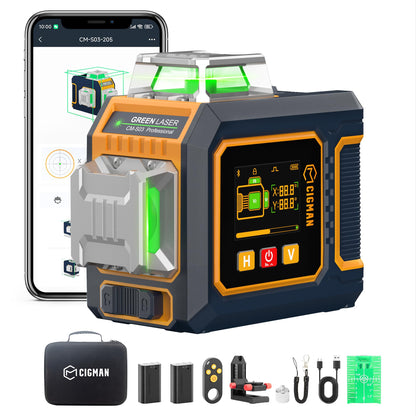 CIGMAN Green Laser Level, 3x360° Side LCD 12-Line Self-Leveling, Bluetooth App Remote, Pulse Mode for Receiver, ±1/8 in. at 33 ft Accuracy, 2x Li-ion (USB-C), 1/4-20 Mount, IP54, ABS Hard Case - S03