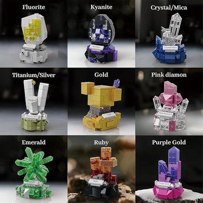Mineral Display Building Blocks Set 794pcs 9 Pack Gemstone Models Crystal Rock Collection STEM Geology Bonsai Gems Home Office Decor Compatible with Lego for Kids Adults Boys Girls 6+