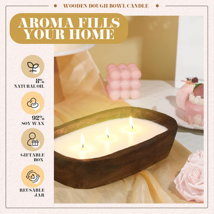 Threlaco 2 Pack Wood Dough Bowl Candle Jar Candle Decorative with Wick Scented Candles Soy Gifts for Men Women Farmhouse Table Centerpiece Home(Caramel)