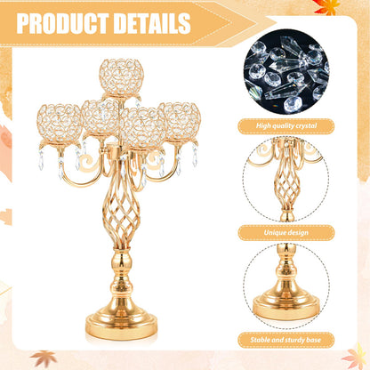 Kehail 5-Arm Crystal Candelabra Centerpiece 23.2" Tall - Elegant Candle Holder Stand with Crystal Bowl, Chic Table Decor for Weddings, Parties, Anniversary & Home Decoration (4, Gold)