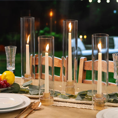NITIME 9 Set Hurricane Glass Candle Holders for Table Centerpieces, Gold Candlestick Holders with Windproof Cylinder Covers(11.8"/12.6"/13.8" H), Taper Candle Holders for Wedding, Party and Home Decor