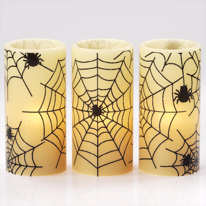 Eldnacele Halloween Flameless Candles with Timer,Battery Operated Spider Cobweb Decal Flickering Candles Real Wax LED Pillar Candle Set of 3 for Holiday Indoor Home Spooky Decor(3×6 Inches)